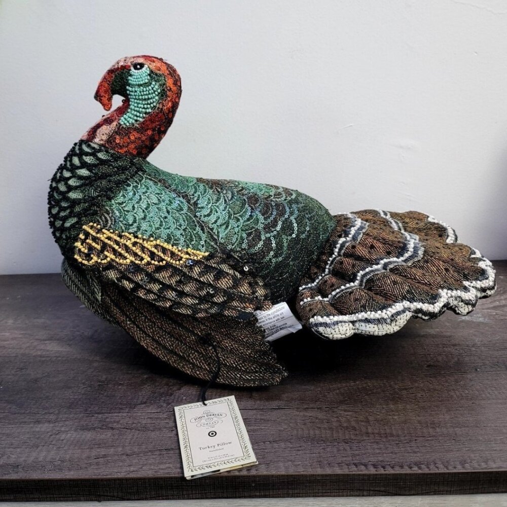 NWT.John Derian - 16"x15" Beaded Turkey Novelty Plush Pillow Exclusive 2024